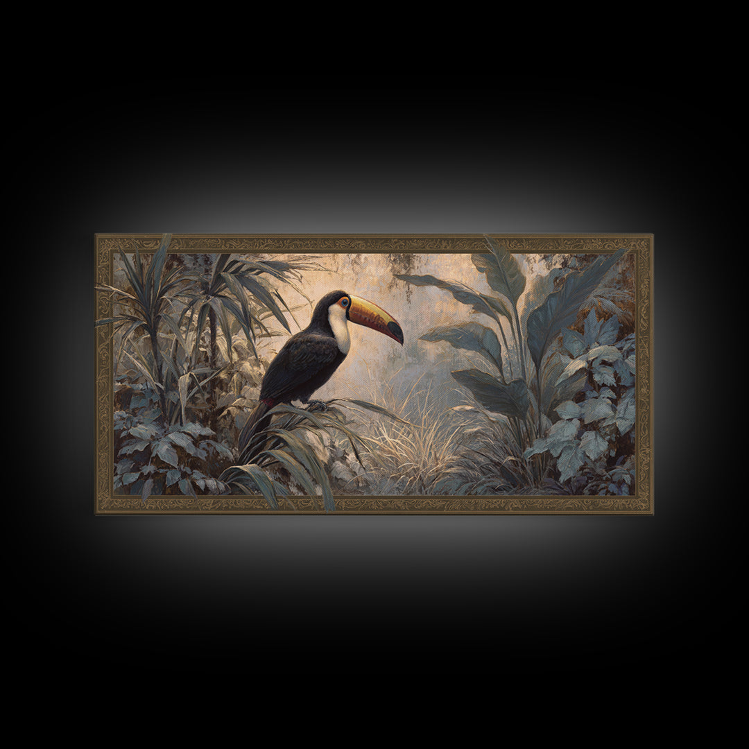 Toucan Framed by Bold Jungle Foliage Framed Canvas Print, Bird Art, Rustic Home Decor, Living Room Decor, Fine Art, Flight, BIR-2x1-67