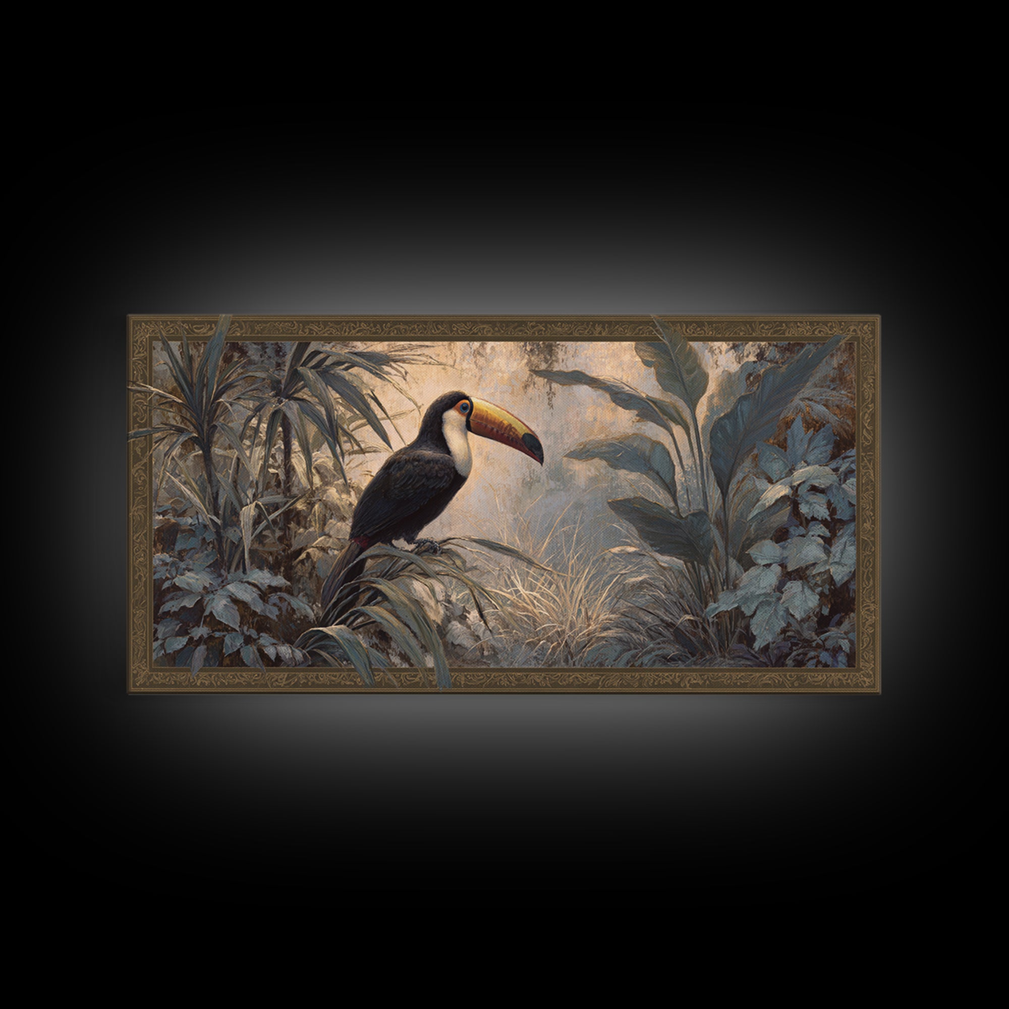Toucan Framed by Bold Jungle Foliage Framed Canvas Print, Bird Art, Rustic Home Decor, Living Room Decor, Fine Art, Flight, BIR-2x1-67