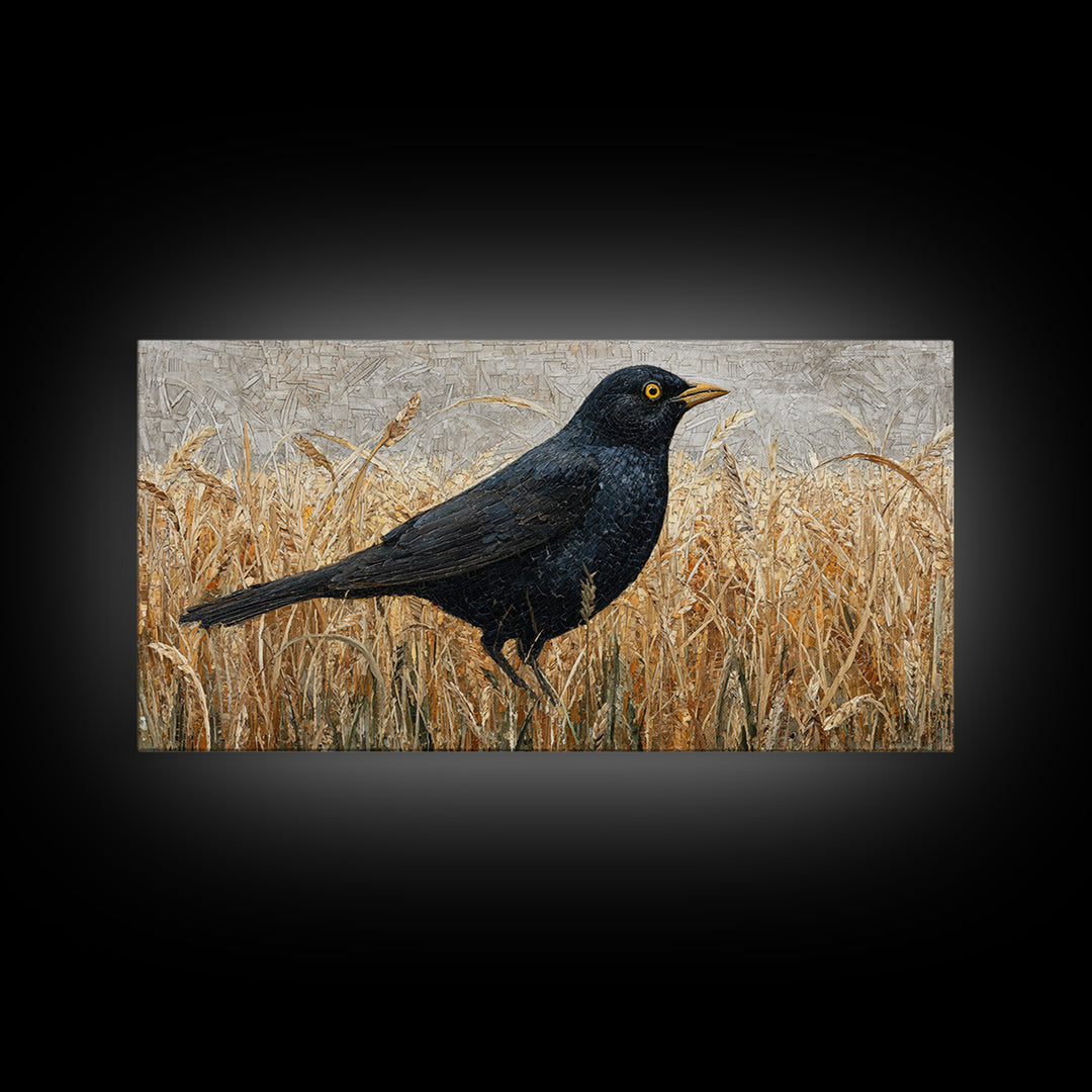 Blackbird on Gold Wheat Field Canvas Print, Bird Art, Digital Print, Living Room Decor, Watercolor Art, Flight, Bird Prints, BIR-2x1-68