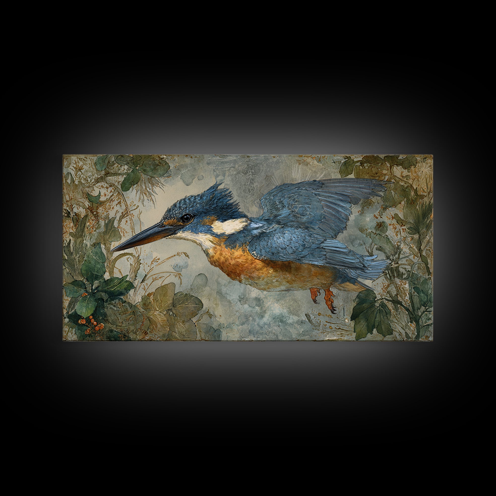 Kingfisher Diving Toward Blue Water Framed Canvas Print, Bird Art, Wall Decor, Living Room Decor, Flight, Boho Wall Decor, BIR-2x1-7