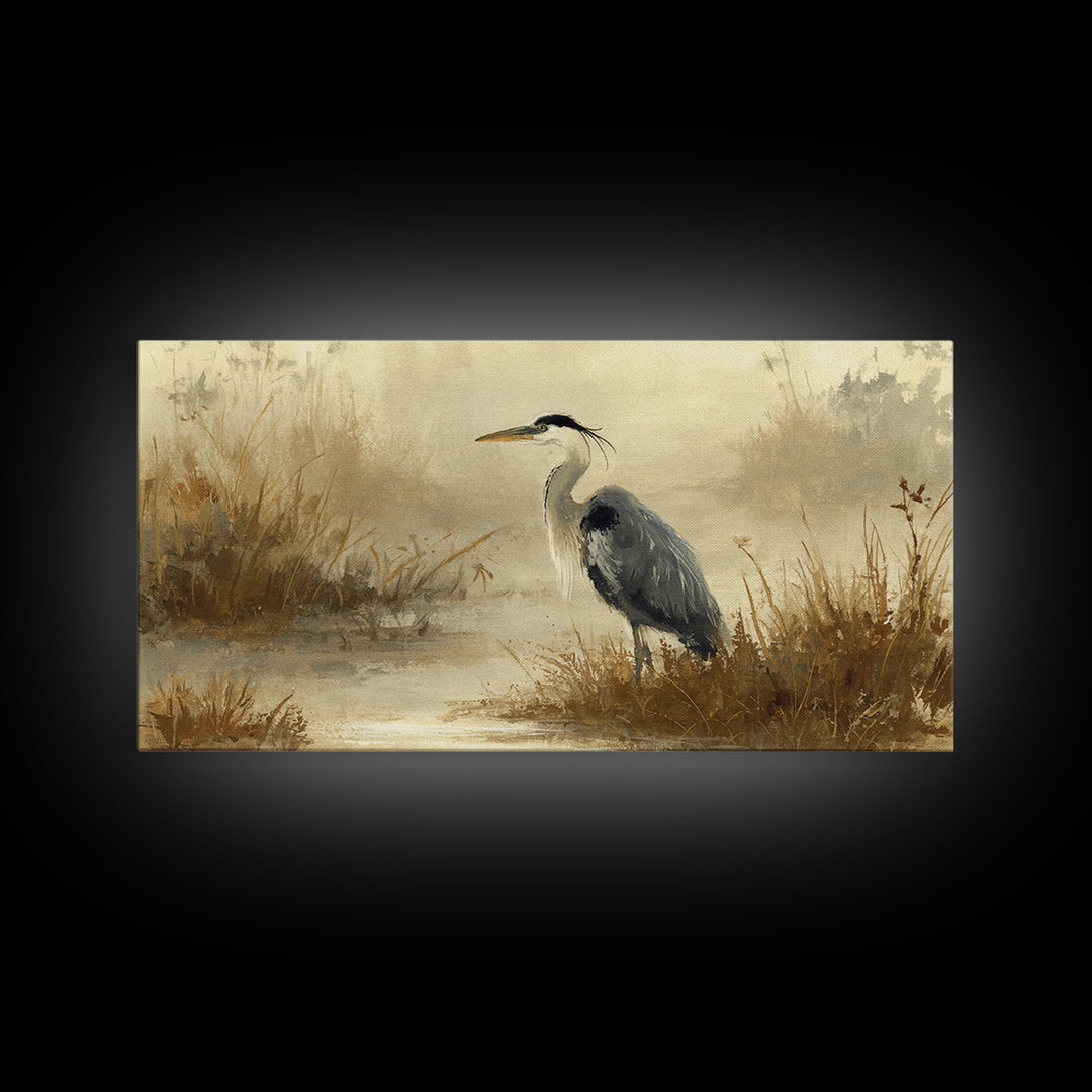 Blue Heron in Misty Marsh Grass Canvas Print, Bird Art, Digital Prints, Living Room Decor, Fine Art, Flight, Modern Art, BIR-2x1-70