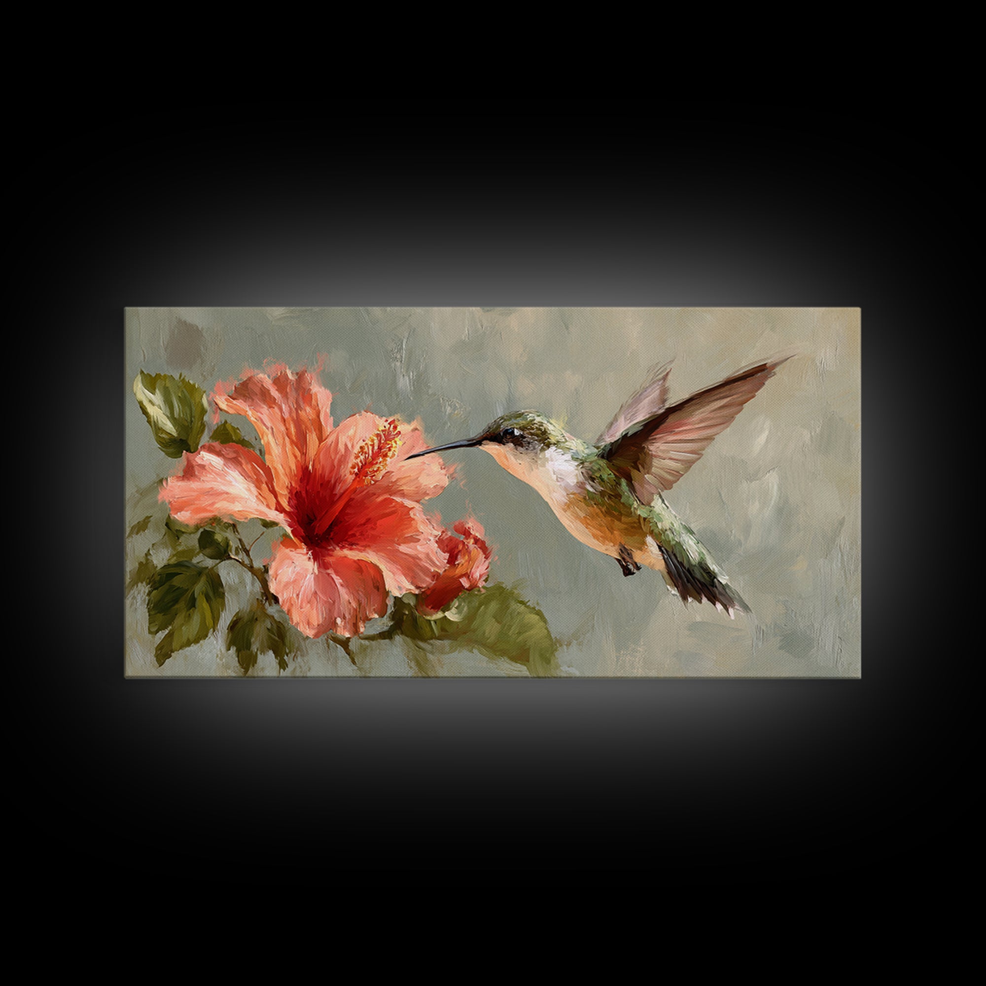 Hummingbird Hovering Beside Bright Hibiscus Framed Canvas Print, Bird Art, Printable Art, Living Room Decor, Fine Art, Flight, BIR-2x1-72