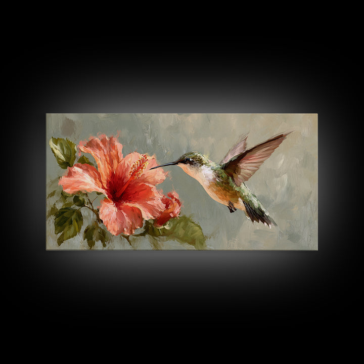 Hummingbird Hovering Beside Bright Hibiscus Framed Canvas Print, Bird Art, Printable Art, Living Room Decor, Fine Art, Flight, BIR-2x1-72