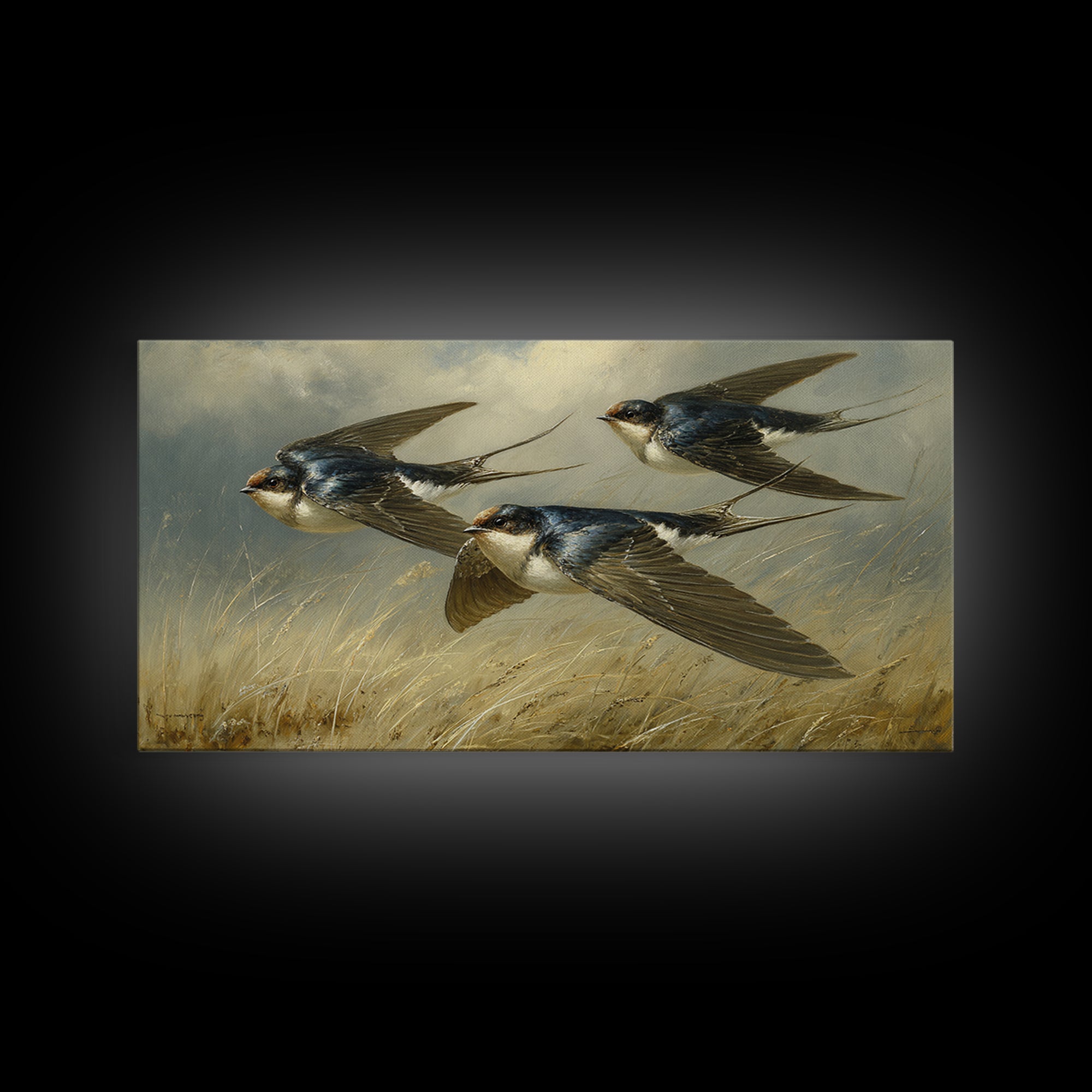 Flock of Swallows Sweeping Across Open Sky Canvas Print, Bird Art, Living Room Decor, Watercolor Art, Flight, BIR-2x1-74