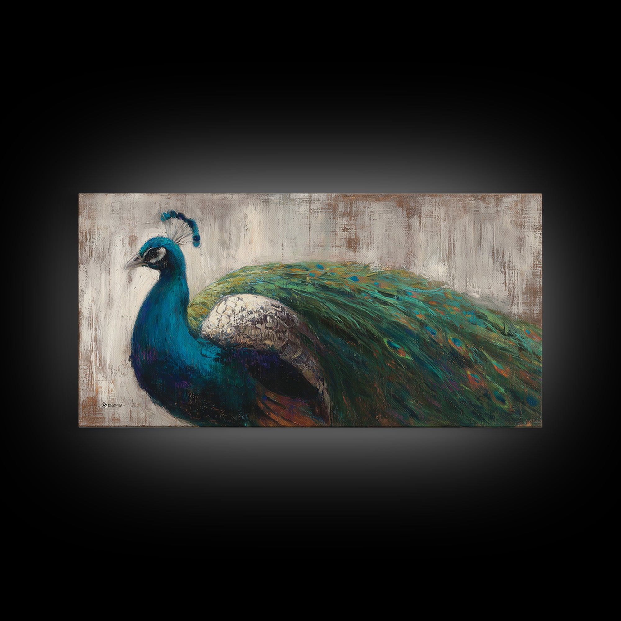 Peacock with Jewel Tone Feather Pattern Framed Canvas Print, Bird Art, Boho Decor, Living Room Decor, Fine Art, Flight, BIR-2x1-75