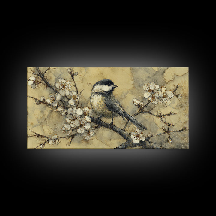 Songbird Perched on Cherry Blossoms Canvas Print, Bird Art, Living Room Decor, Fine Art, Flight, Rustic Home Decor, Floral Art, BIR-2x1-76