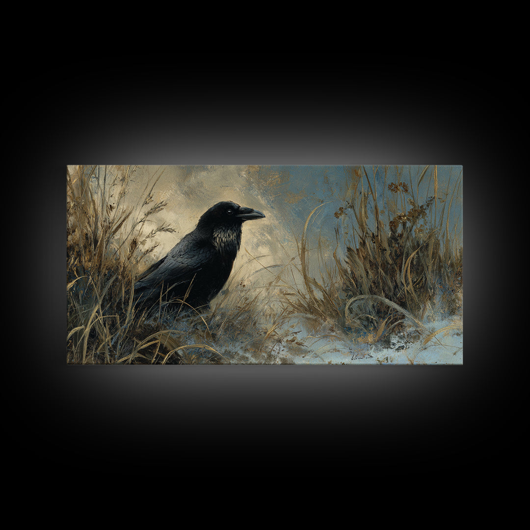 Raven Silhouette with Gothic Atmosphere Canvas Print, Bird Art, Digital Print, Living Room Decor, Oil Painting, Flight, BIR-2x1-77