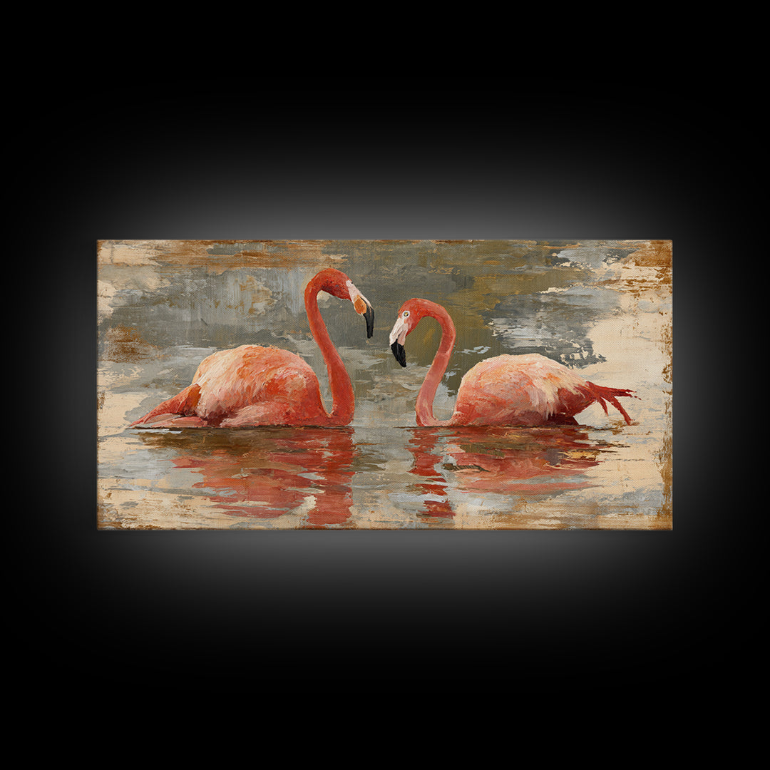 Flamingo Pair in Coral Water Reflections Canvas Print, Bird Art, Contemporary Art, Living Room Decor, Fine Art, Flight, BIR-2x1-78