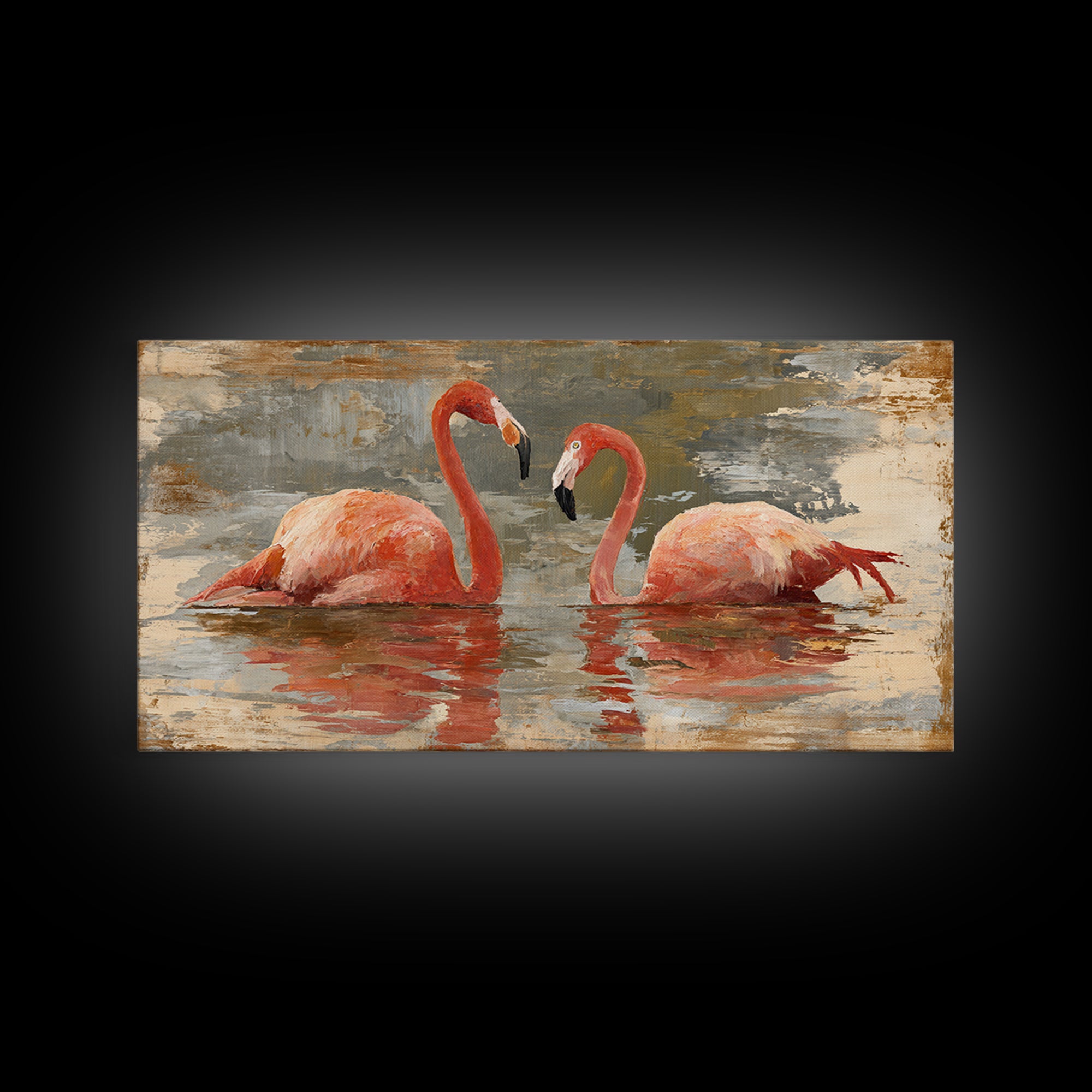Flamingo Pair in Coral Water Reflections Canvas Print, Bird Art, Contemporary Art, Living Room Decor, Fine Art, Flight, BIR-2x1-78
