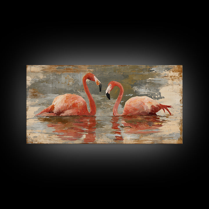 Flamingo Pair in Coral Water Reflections Canvas Print, Bird Art, Contemporary Art, Living Room Decor, Fine Art, Flight, BIR-2x1-78