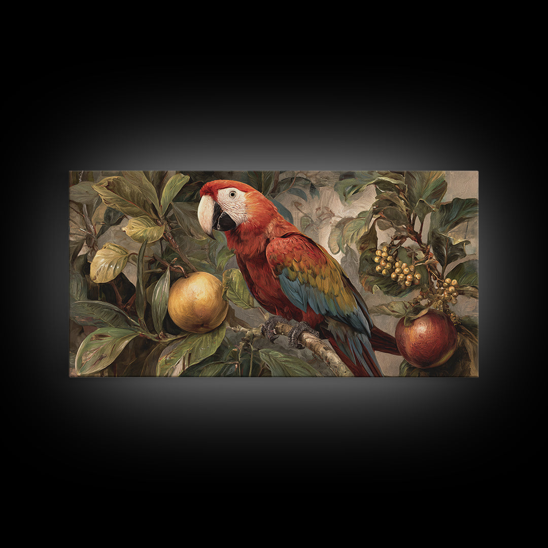 Parrot Among Tropical Leaves and Fruit Framed Canvas Print, Bird Art, Printable Art, Living Room Decor, Watercolor Art, Flight, BIR-2x1-81