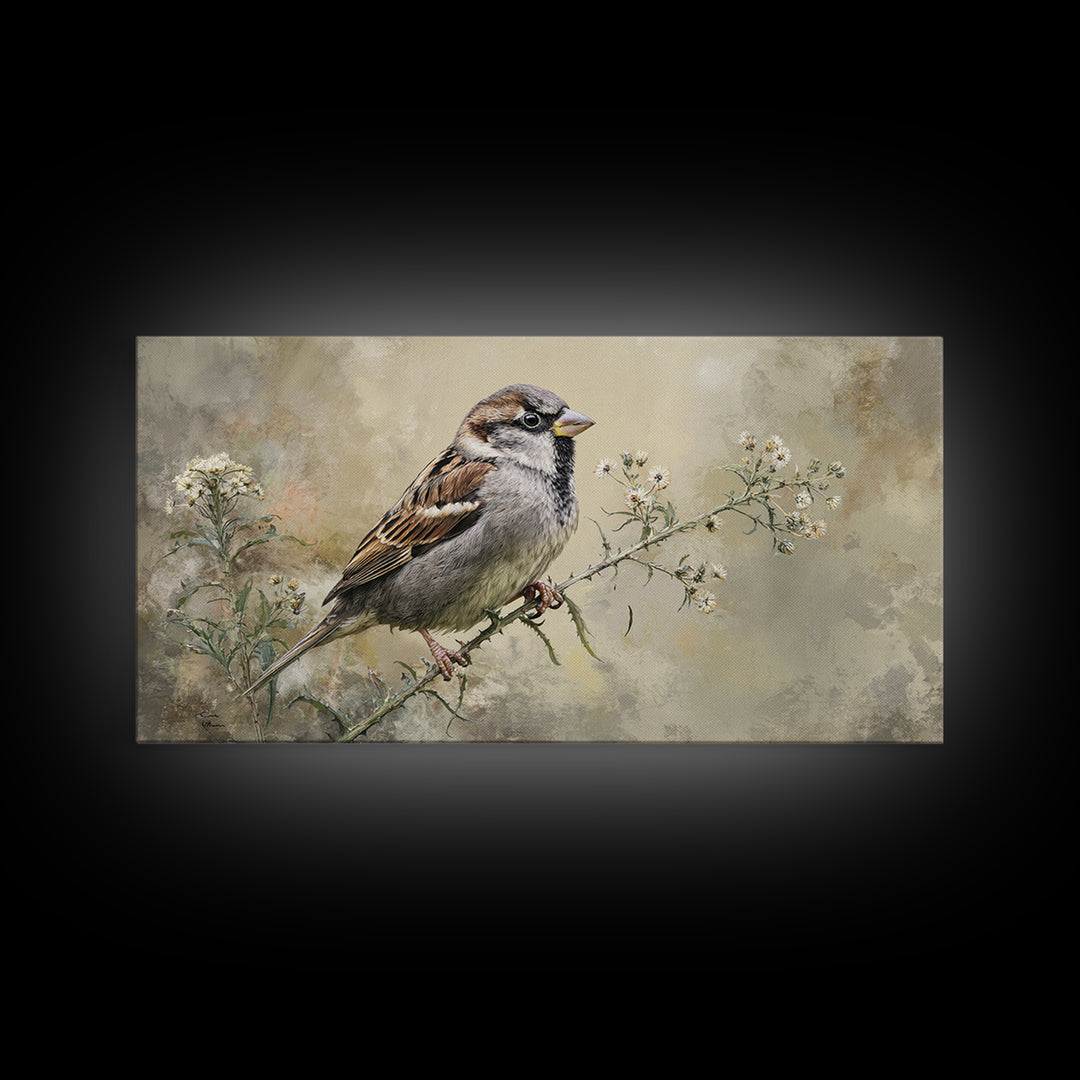 Small Sparrow on Wildflower Stem Canvas Print, Bird Art, Wall Art, Living Room Decor, Watercolor Art, Flight, Japanese Wall Art, BIR-2x1-82
