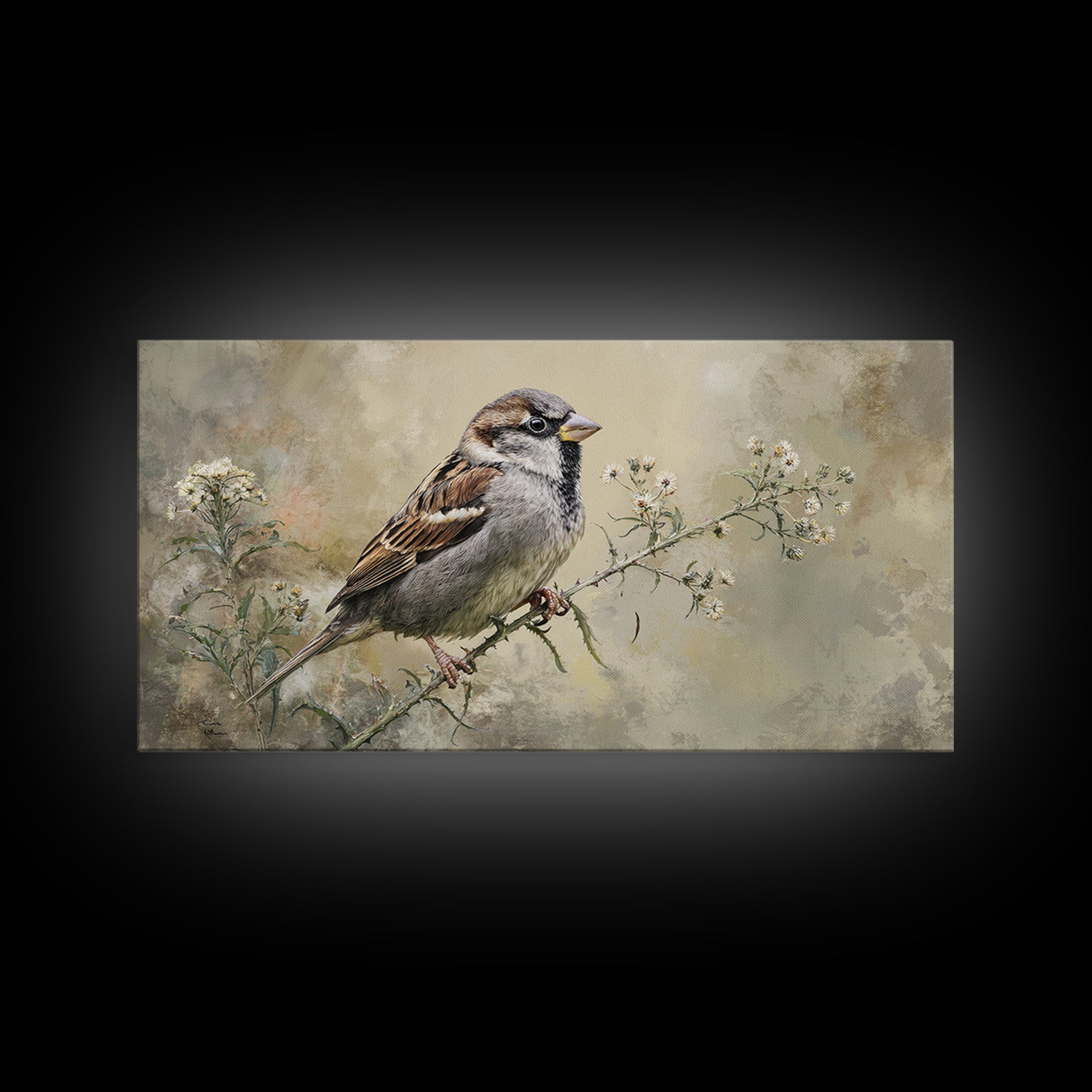 Small Sparrow on Wildflower Stem Canvas Print, Bird Art, Wall Art, Living Room Decor, Watercolor Art, Flight, Japanese Wall Art, BIR-2x1-82