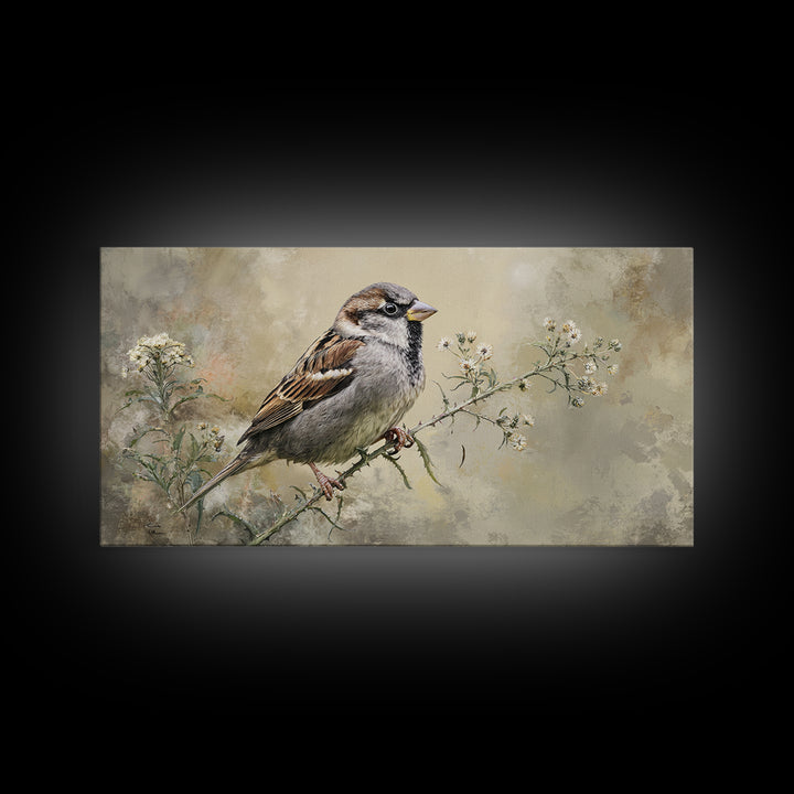 Small Sparrow on Wildflower Stem Canvas Print, Bird Art, Wall Art, Living Room Decor, Watercolor Art, Flight, Japanese Wall Art, BIR-2x1-82
