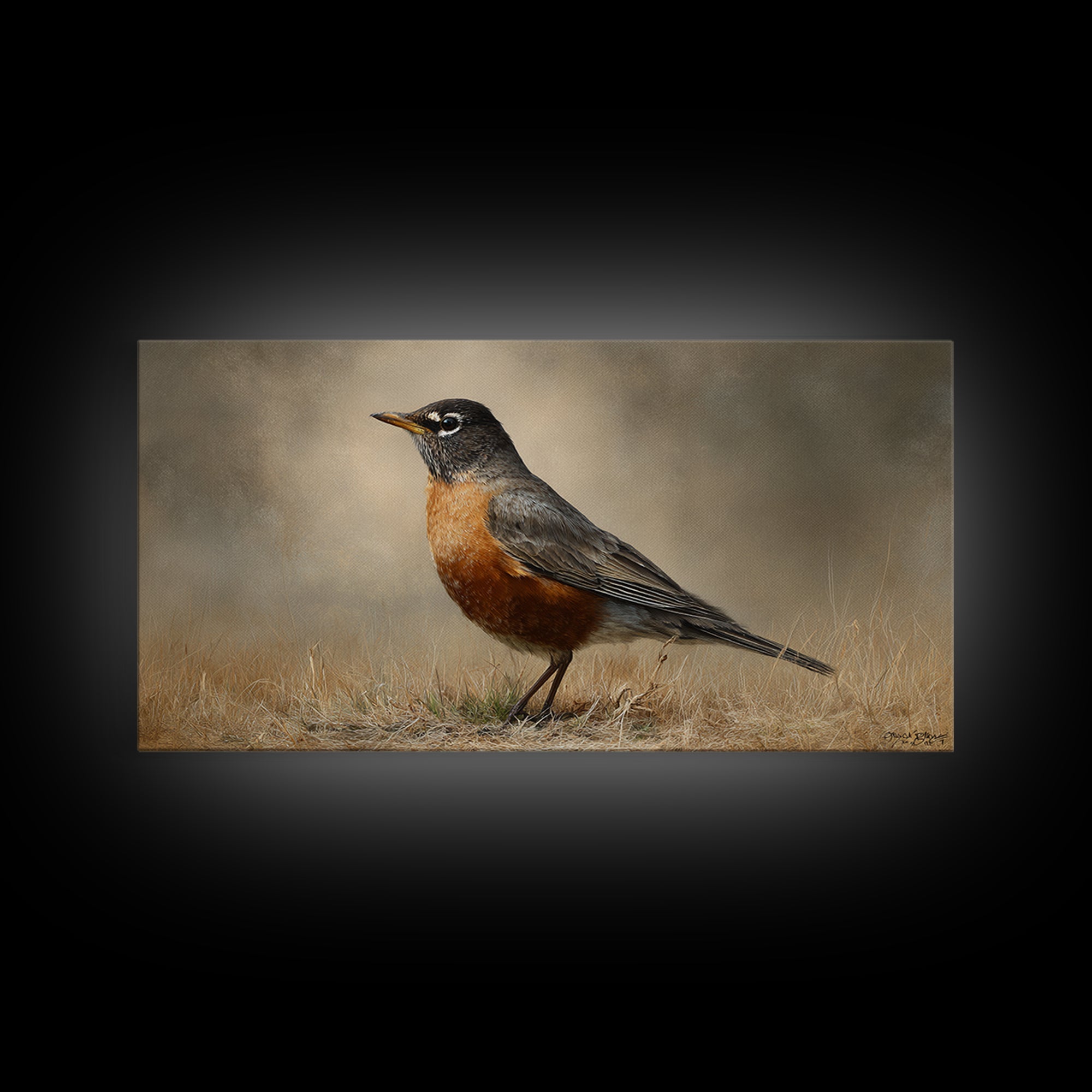 Robin in a Spring Garden with Soft Framed Canvas Print, Bird Art, Contemporary Art, Living Room Decor, Oil Painting, Flight, BIR-2x1-83