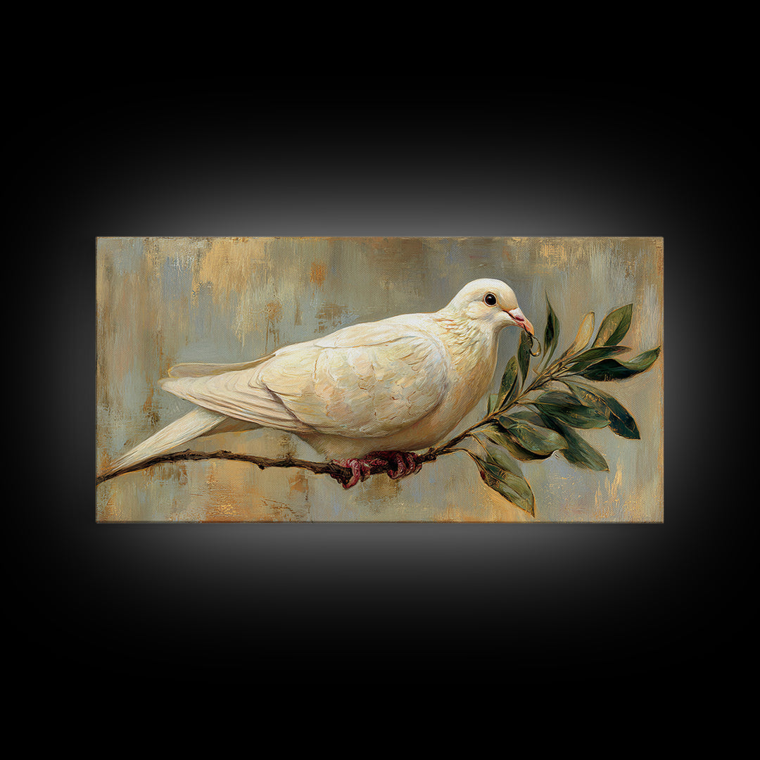 White Dove with Olive Branch and Calm Framed Canvas Print, Bird Art, Botanical Wall Art, Living Room Decor, Watercolor Art, BIR-2x1-84