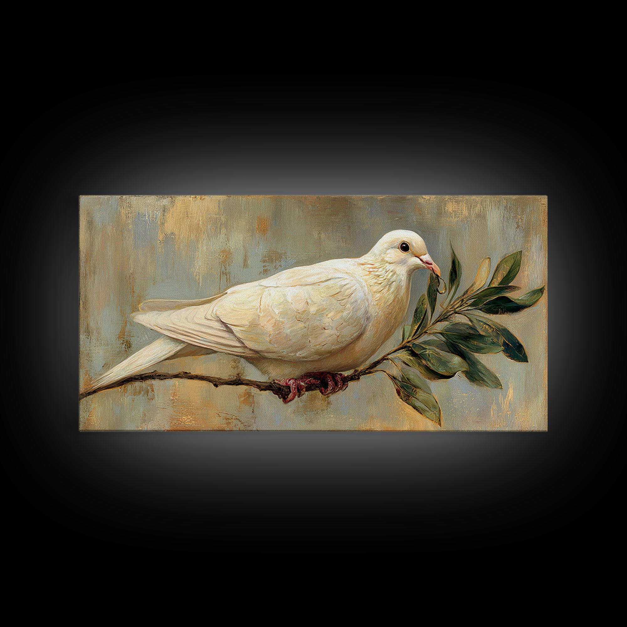 White Dove with Olive Branch and Calm Framed Canvas Print, Bird Art, Botanical Wall Art, Living Room Decor, Watercolor Art, BIR-2x1-84