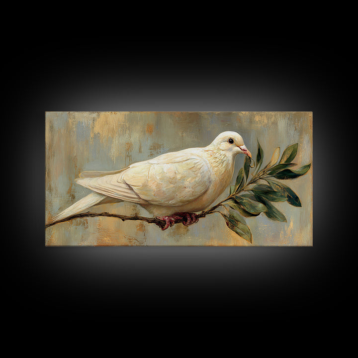 White Dove with Olive Branch and Calm Framed Canvas Print, Bird Art, Botanical Wall Art, Living Room Decor, Watercolor Art, BIR-2x1-84