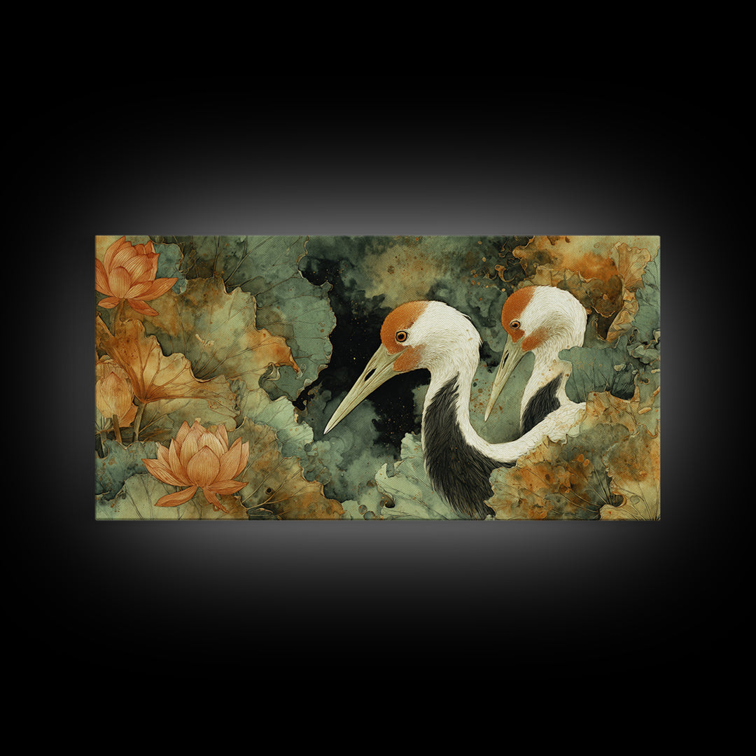 Crane and Lotus Composition Framed Canvas Print, Bird Art, Farmhouse Decor, Living Room Decor, Flight, Digital Download Art, BIR-2x1-85