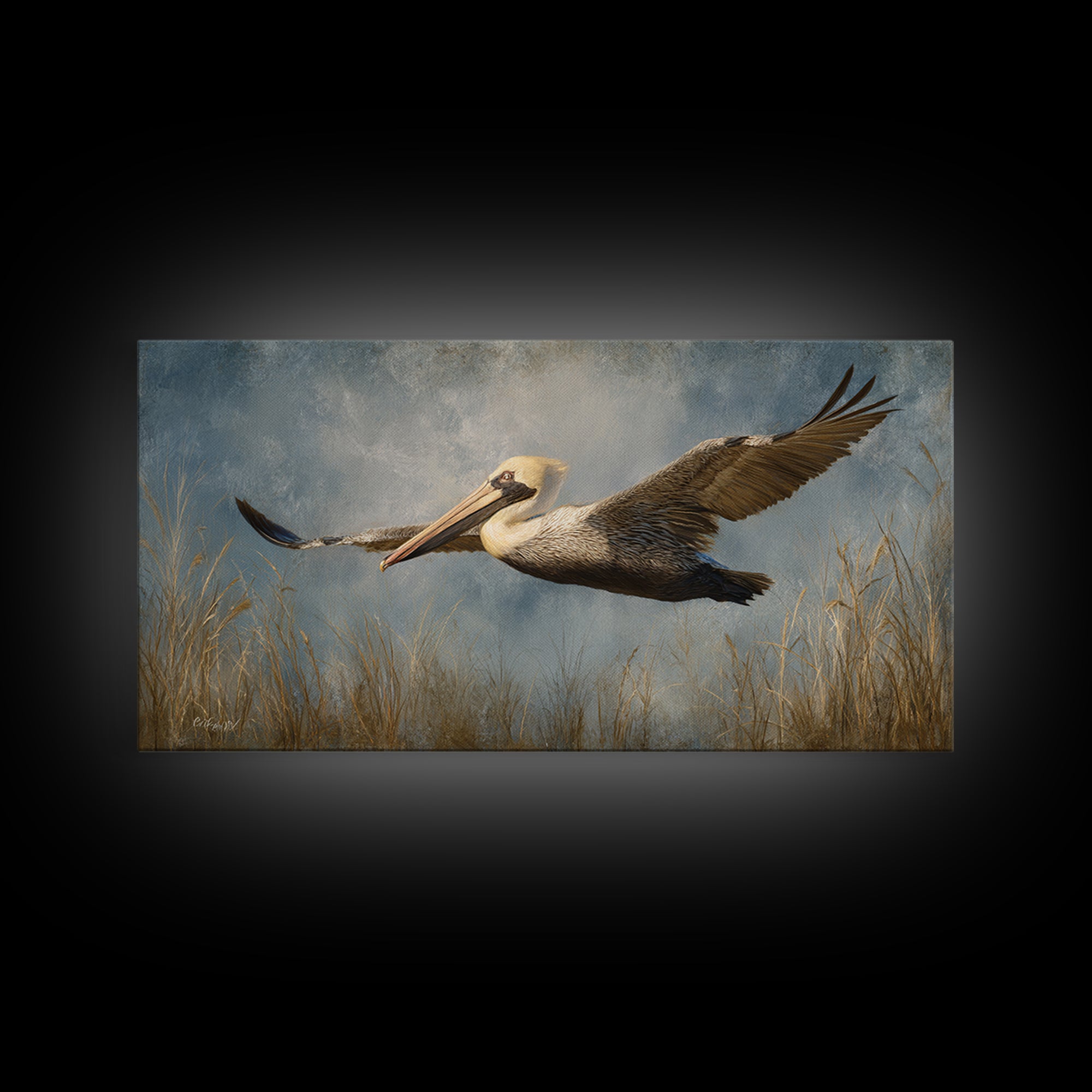 Pelican Flying over Coastal Waves Framed Canvas Print, Bird Art, Home Decor, Living Room Decor, Flight, Modern Wall Art, BIR-2x1-86