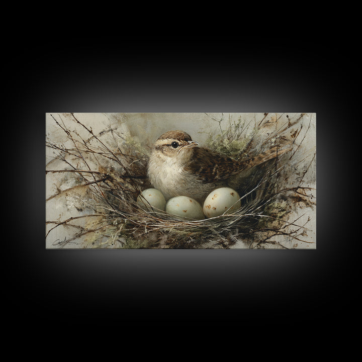 Bird Nest with Eggs and Delicate Twigs Framed Canvas Print, Bird Art, Wall Decor, Living Room Decor, Oil Painting, Flight, BIR-2x1-90