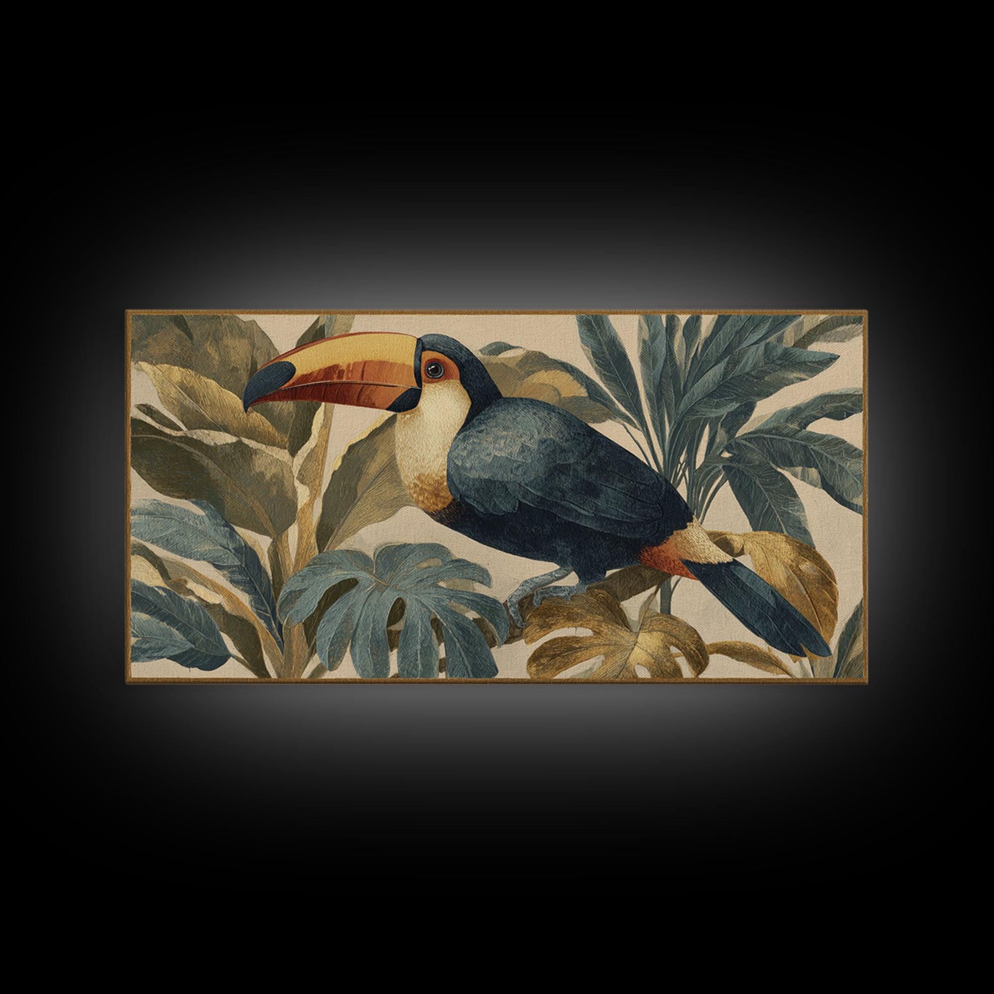 Toucan Framed by Bold Jungle Foliage Framed Canvas Print, Bird Art, Original Art, Living Room Decor, Fine Art, Flight, BIR-2x1-91