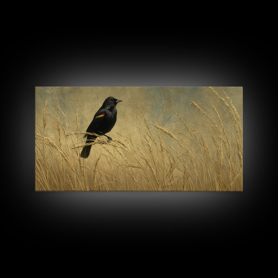 Blackbird on Gold Wheat Field Framed Canvas Print, Bird Art, Modern Wall Art, Living Room Decor, Oil Painting, Flight, BIR-2x1-92