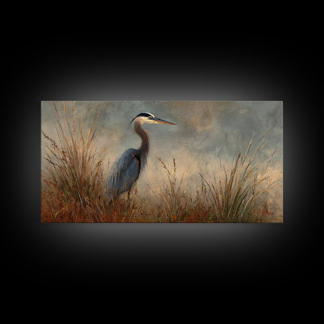 Blue Heron in Misty Marsh Grass Canvas Print, Bird Art, Digital Prints, Living Room Decor, Fine Art, Flight, Modern Art, BIR-2x1-94