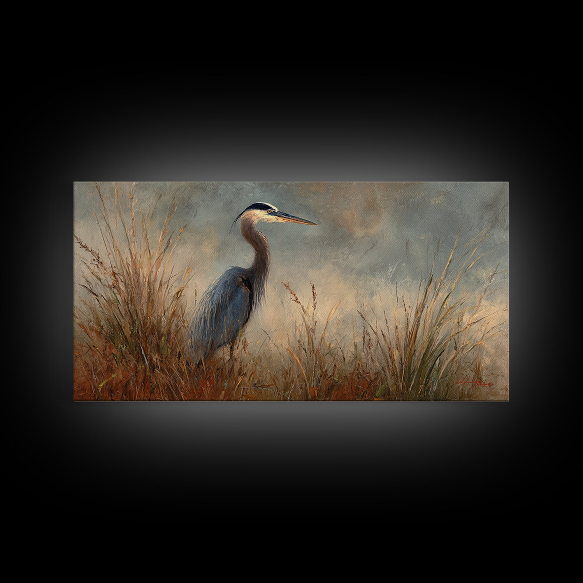 Blue Heron in Misty Marsh Grass Canvas Print, Bird Art, Digital Prints, Living Room Decor, Fine Art, Flight, Modern Art, BIR-2x1-94