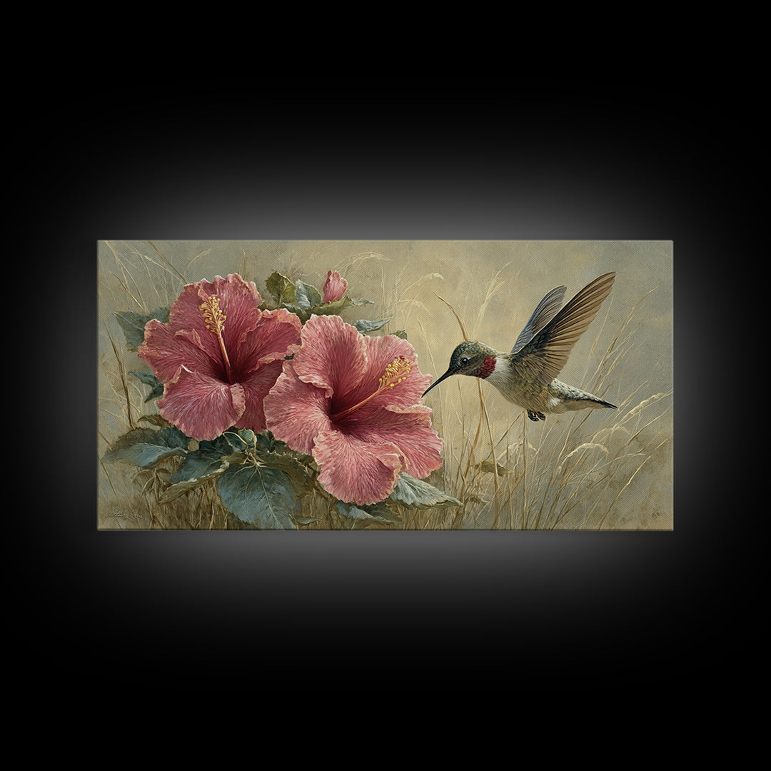 Hummingbird Hovering Beside Bright Hibiscus Framed Canvas Print, Bird Art, Bird Prints, Living Room Decor, Oil Painting, Flight, BIR-2x1-96