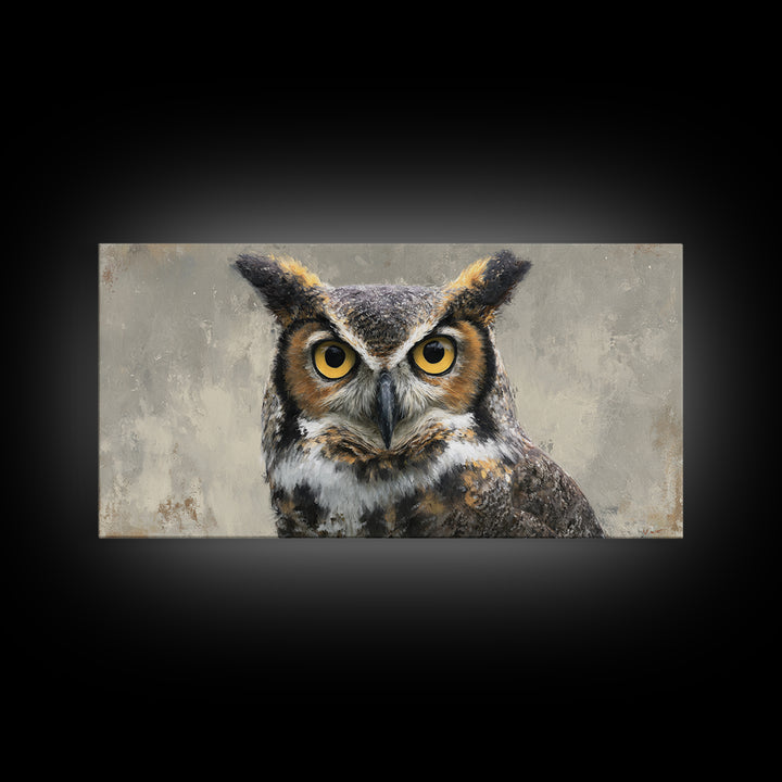 Owl Portrait with Wise Golden Eyes Framed Canvas Print, Bird Art, Japanese Wall Art, Living Room Decor, Oil Painting, Flight, BIR-2x1-97