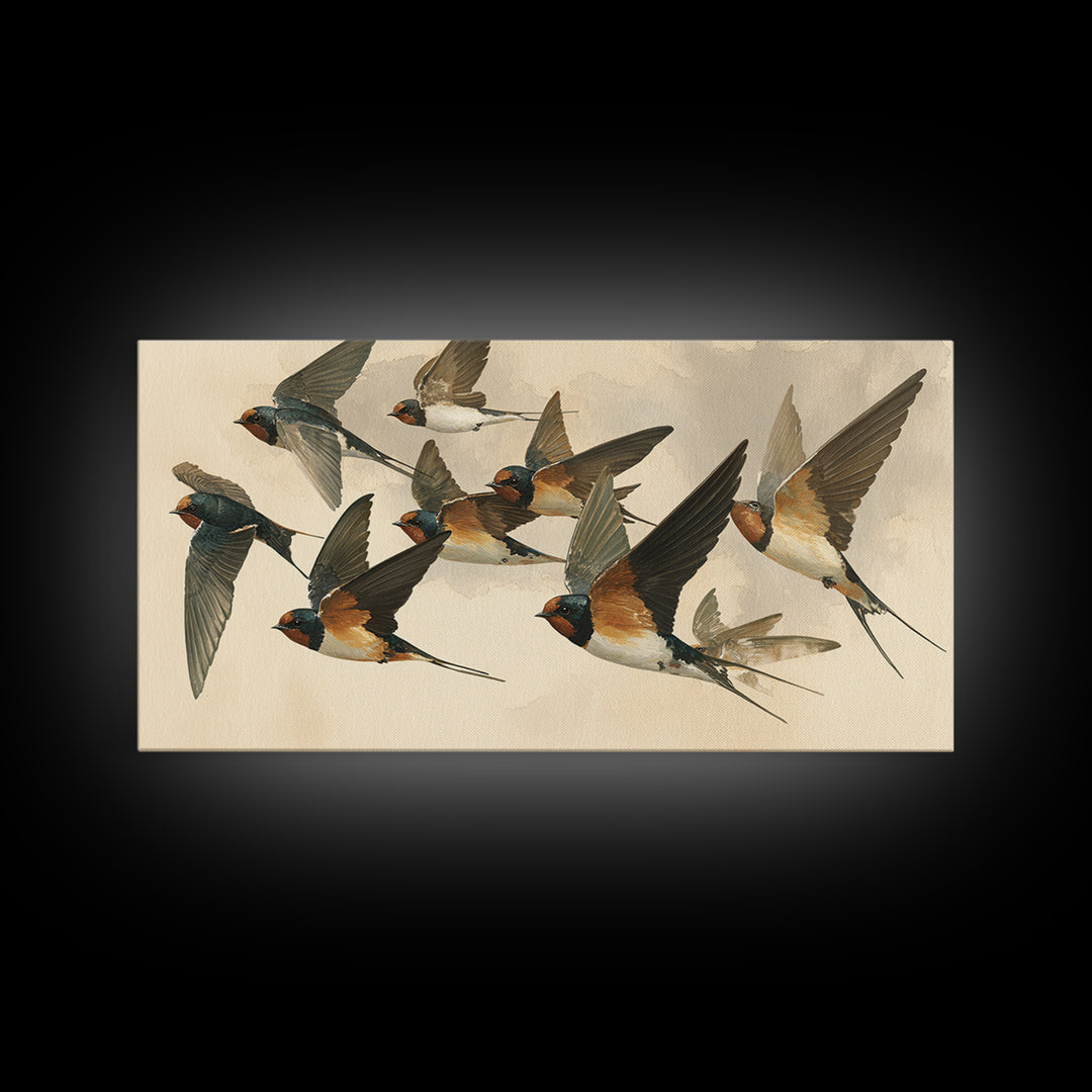 Flock of Swallows Sweeping Across Open Sky Canvas Print, Bird Art, Living Room Decor, Watercolor Art, Flight, BIR-2x1-98