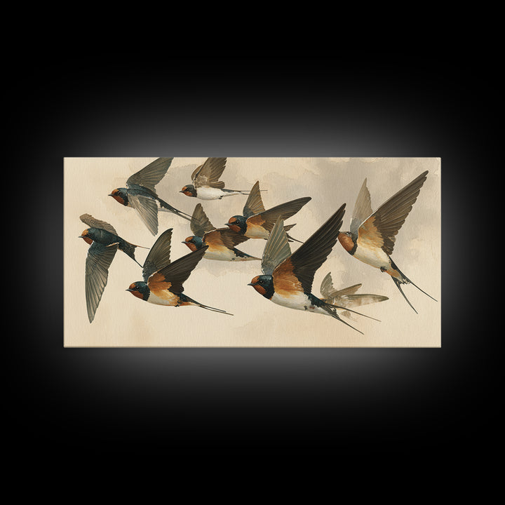 Flock of Swallows Sweeping Across Open Sky Canvas Print, Bird Art, Living Room Decor, Watercolor Art, Flight, BIR-2x1-98