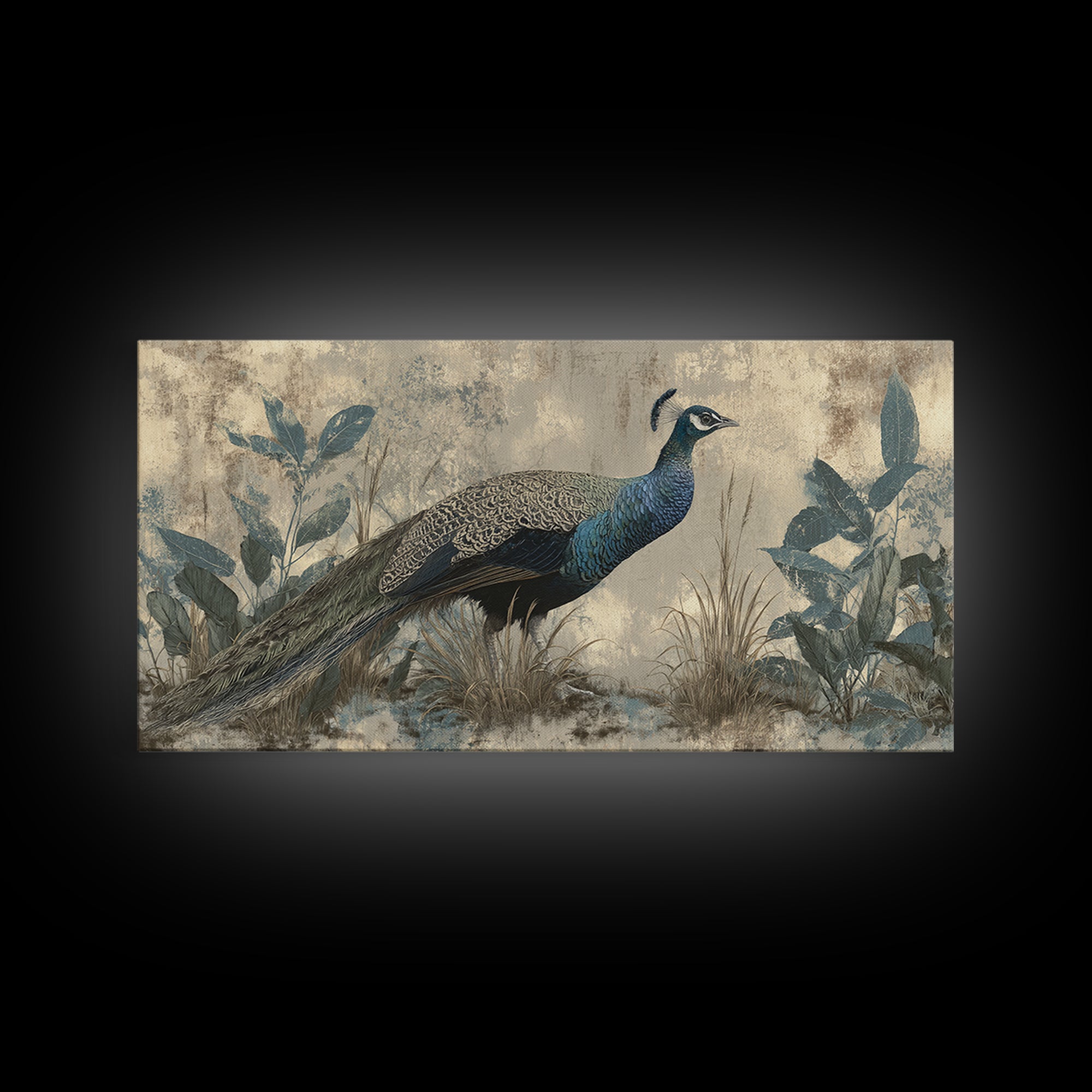 Peacock with Jewel Tone Feather Pattern Framed Canvas Print, Bird Art, Boho Wall Decor, Living Room Decor, Fine Art, Flight, BIR-2x1-99