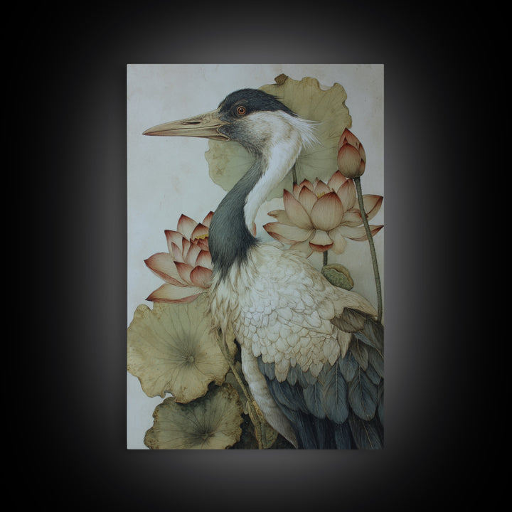 Crane and Lotus Composition Framed Canvas Print, Bird Art, Wall Art, Living Room Decor, Fine Art, Flight, Japanese Wall Art, BIR-2x3-1