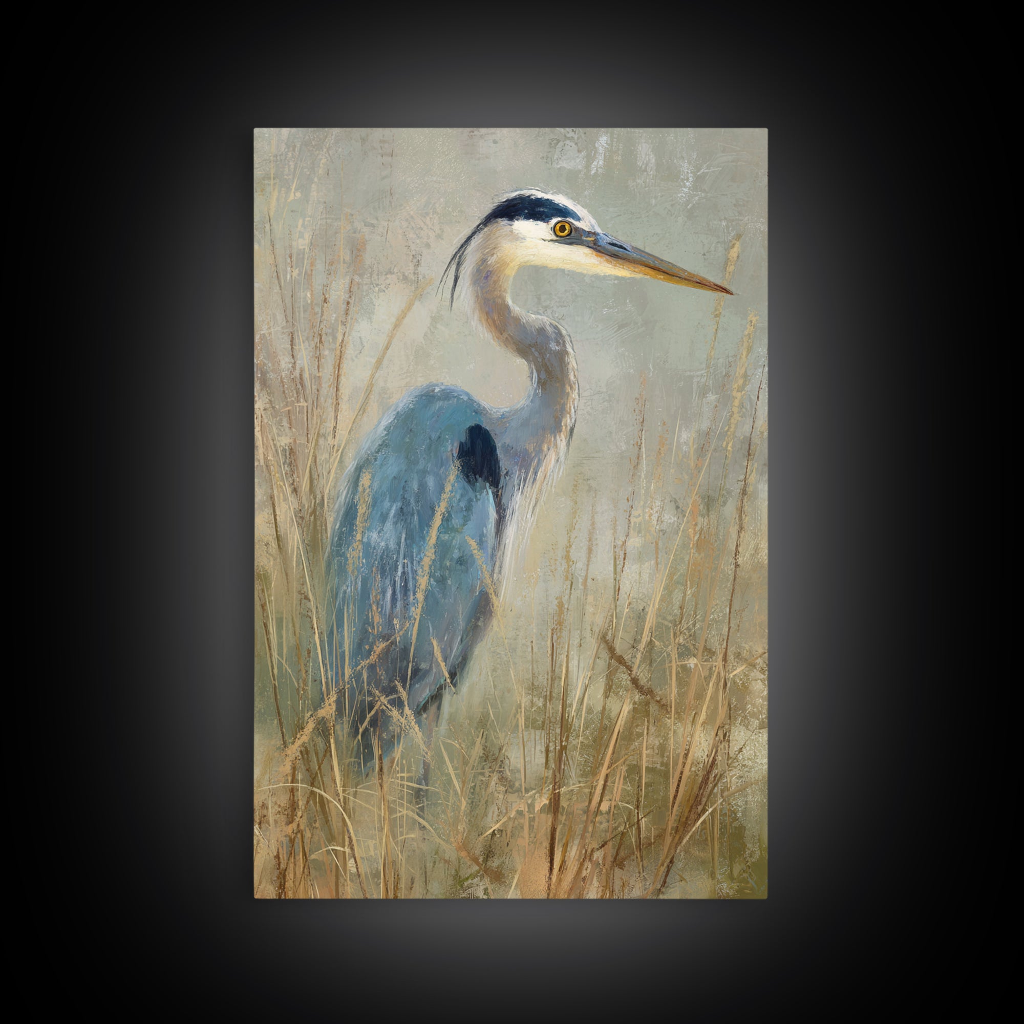 Blue Heron in Misty Marsh Grass Canvas Print, Bird Art, Luxury Decor, Living Room Decor, Flight, Art Deco, Original Art, BIR-2x3-10