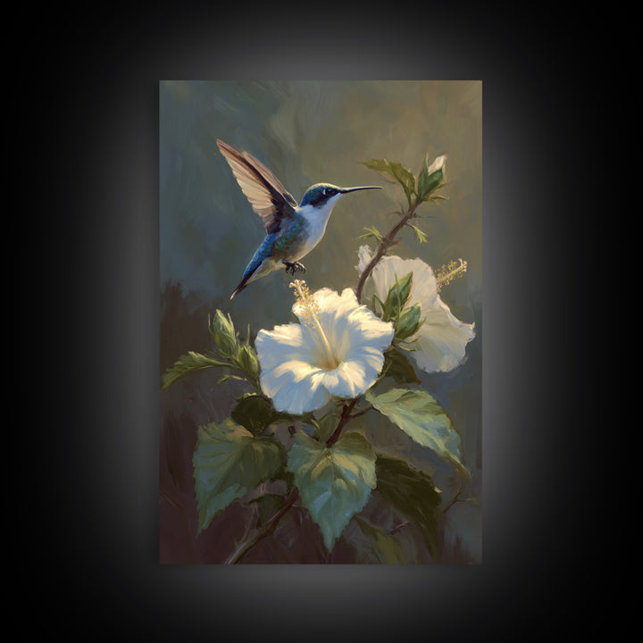 Hummingbird Hovering Beside Bright Hibiscus Framed Canvas Print, Bird Art, Minimalist Decor, Living Room Decor, Oil Painting, BIR-2x3-12