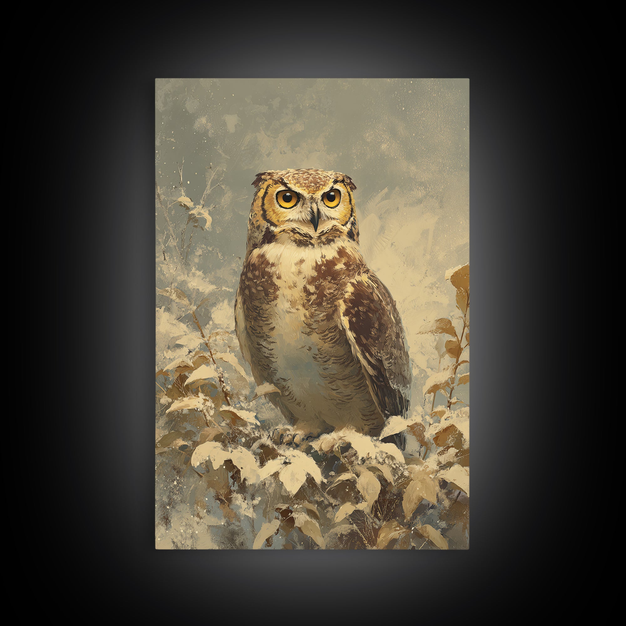 Owl Portrait with Wise Golden Eyes Framed Canvas Print, Bird Art, Digital Prints, Living Room Decor, Fine Art, Flight, BIR-2x3-13