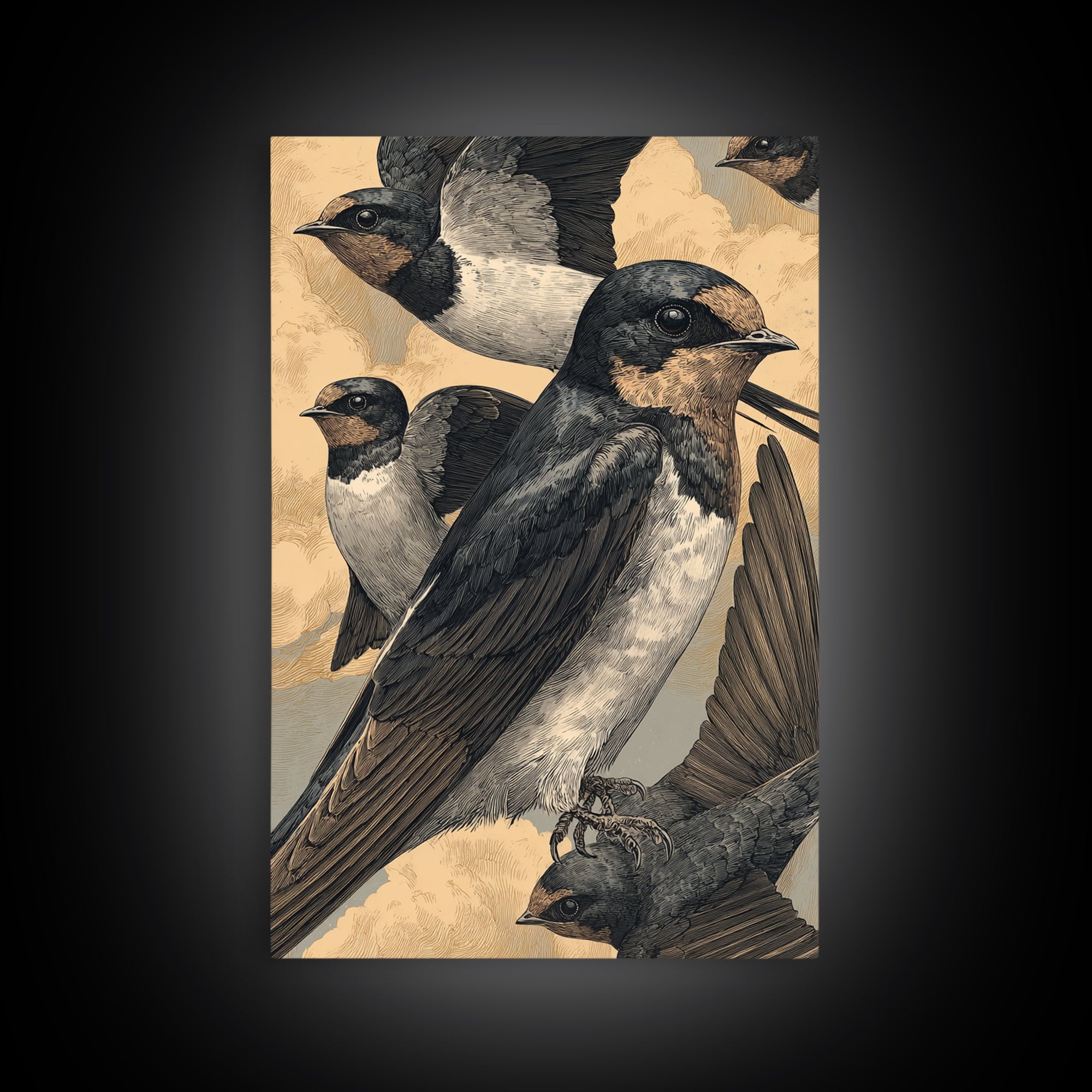 Flock of Swallows Sweeping Across Open Sky Canvas Print, Bird Art, Art Print, Living Room Decor, Oil Painting, Flight, BIR-2x3-14