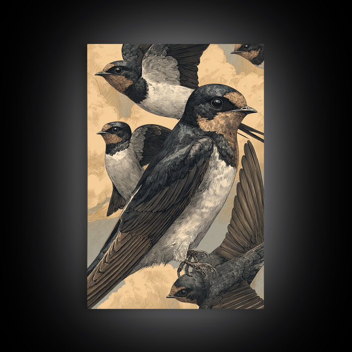 Flock of Swallows Sweeping Across Open Sky Canvas Print, Bird Art, Art Print, Living Room Decor, Oil Painting, Flight, BIR-2x3-14