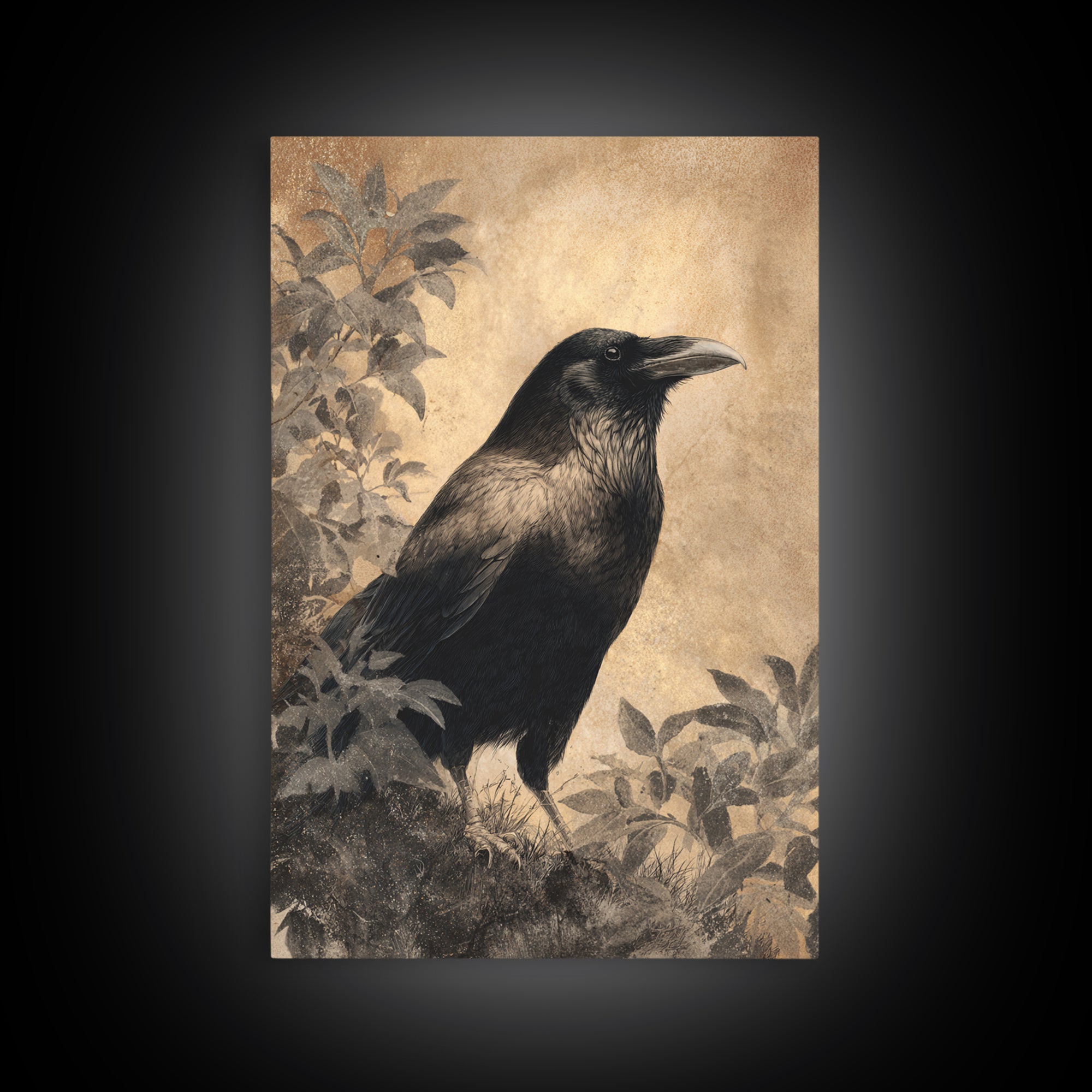 Raven Silhouette with Gothic Atmosphere Framed Canvas Print, Bird Art, Living Room Decor, Abstract Art, Flight, BIR-2x3-17