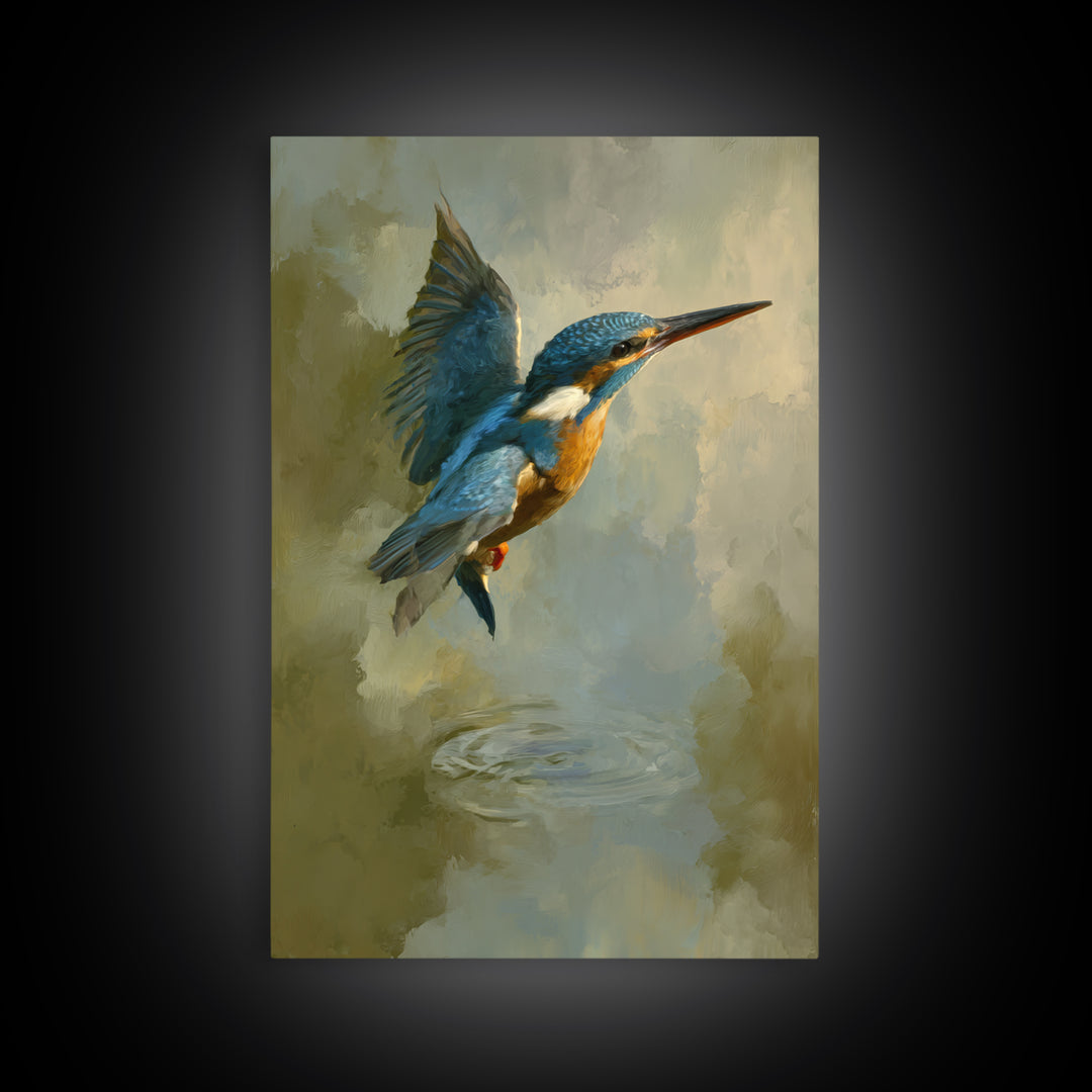 Kingfisher Diving Toward Blue Water Framed Canvas Print, Bird Art, Neutral Decor, Living Room Decor, Fine Art, Flight, BIR-2x3-19