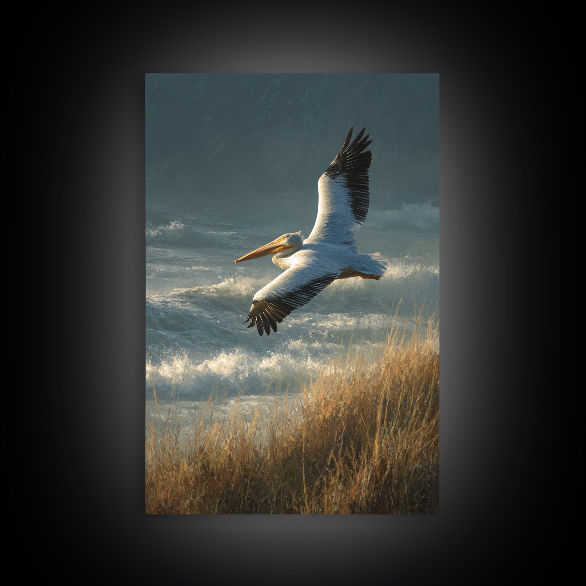Pelican Flying over Coastal Waves Framed Canvas Print, Bird Art, Boho Decor, Living Room Decor, Abstract Art, Flight, BIR-2x3-2