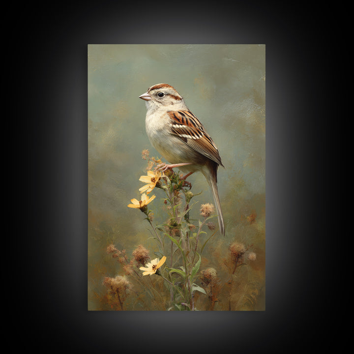 Small Sparrow on Wildflower Stem Framed Canvas Print, Bird Art, Textured Painting, Living Room Decor, Fine Art, Flight, BIR-2x3-22