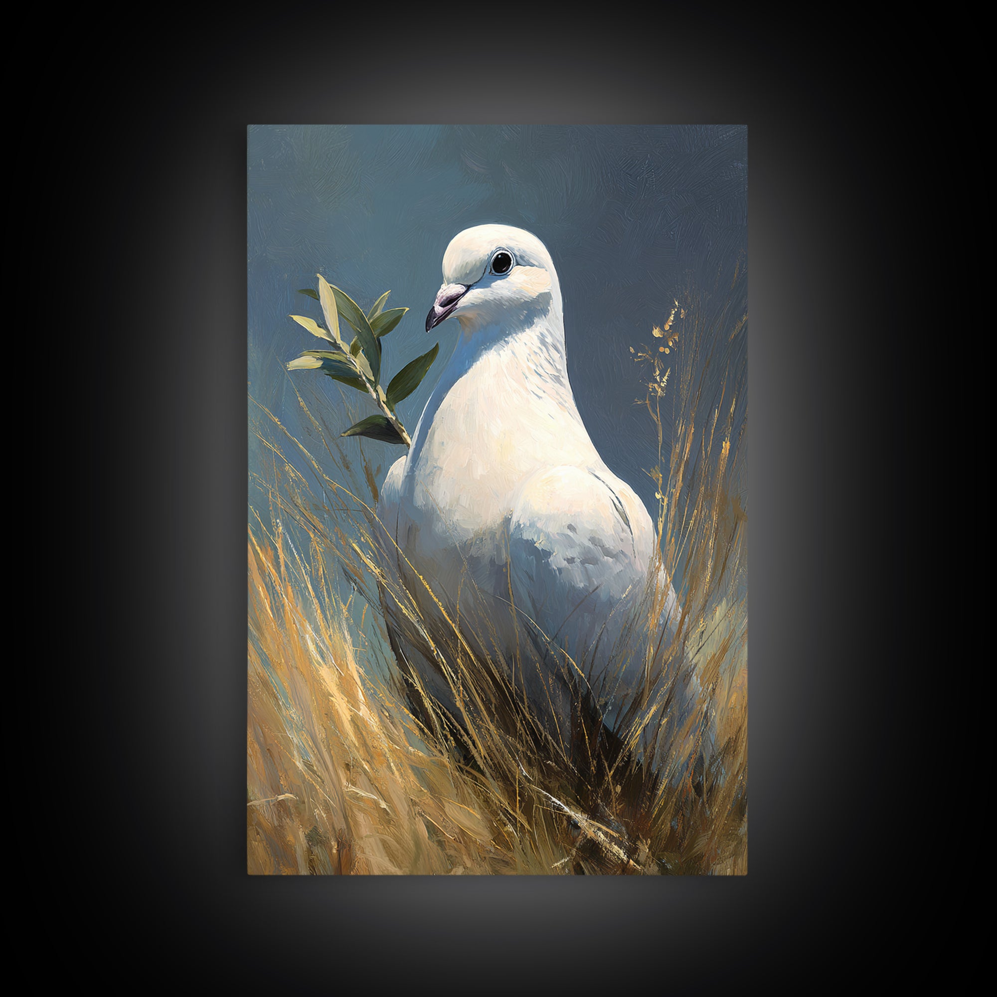 White Dove with Olive Branch and Calm Framed Canvas Print, Bird Art, Living Room Art, Living Room Decor, Watercolor Art, Flight, BIR-2x3-24