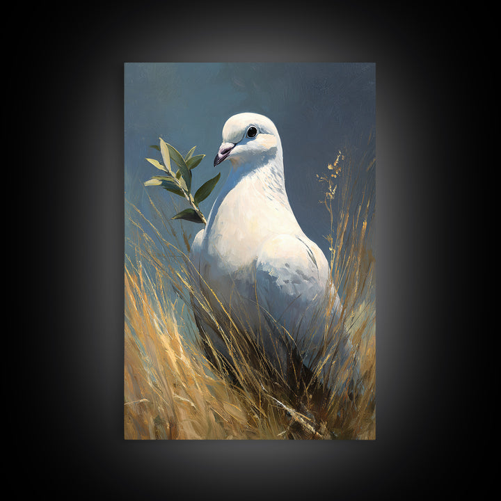 White Dove with Olive Branch and Calm Framed Canvas Print, Bird Art, Living Room Art, Living Room Decor, Watercolor Art, Flight, BIR-2x3-24