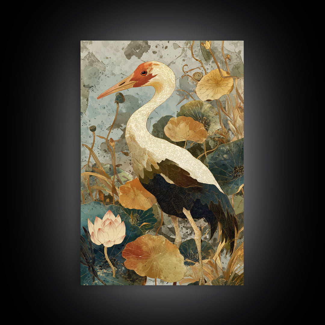 Crane and Lotus Composition Framed Canvas Print, Bird Art, Wall Art, Living Room Decor, Fine Art, Flight, Japanese Wall Art, BIR-2x3-25