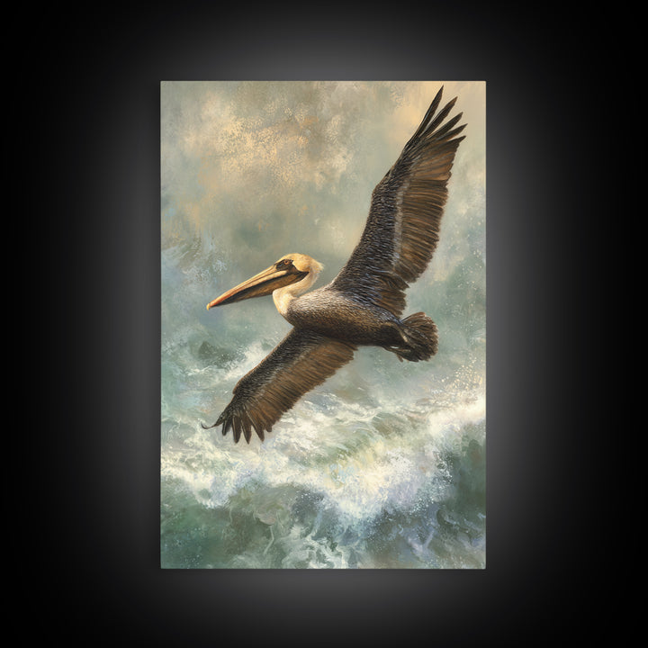 Pelican Flying over Coastal Waves Framed Canvas Print, Bird Art, Boho Decor, Living Room Decor, Abstract Art, Flight, BIR-2x3-26