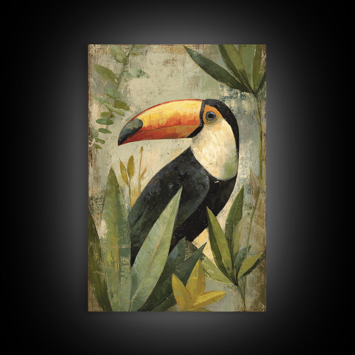 Toucan Framed by Bold Jungle Foliage Canvas Print, Bird Art, Statement Artwork, Living Room Decor, Flight, Digital Prints, BIR-2x3-31