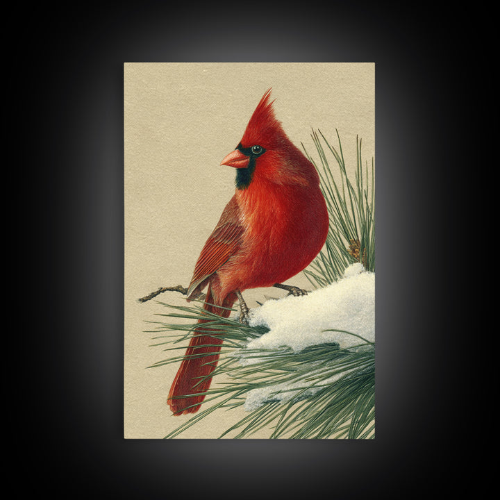 Red Cardinal on Snowy Pine Branch Framed Canvas Print, Bird Art, Digital Print, Living Room Decor, Flight, Bird Prints, BIR-2x3-33
